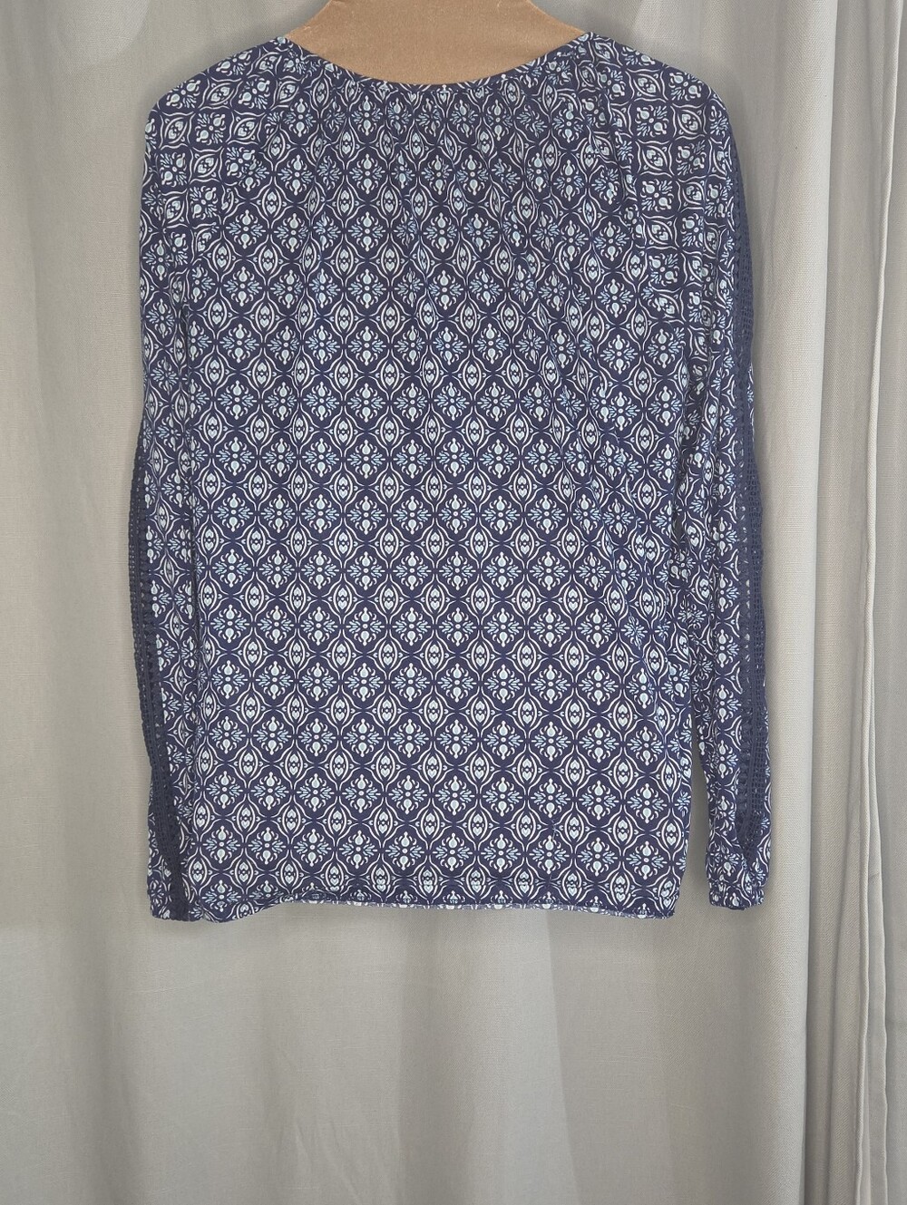 St. John's Bay Navy and White Geometric Long-Sleeve Blouse - Picture 3 of 7